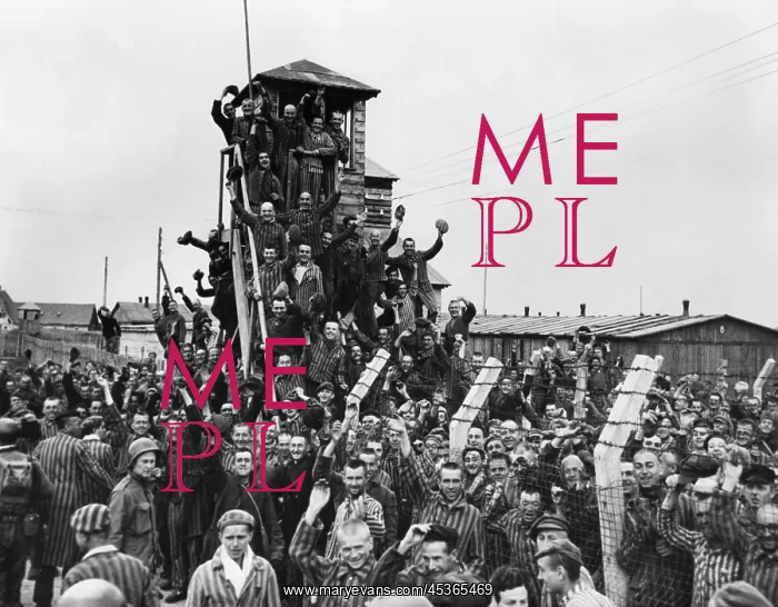 : Dachau Prisoners wave and cheer the Seventh US Army : Dachau Prisoners wave and cheer the Seventh US Army