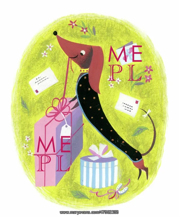 : Dachshund with parcels and letters : Dachshund with parcels and letters