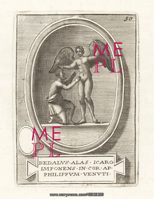 : Daedalus fixing wings on his son Icarus : Daedalus fixing wings on his son Icarus
