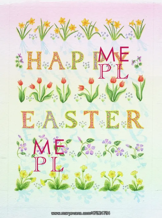 : Daffodils, Tulips, Primroses with Happy Easter : Daffodils, Tulips, Primroses with Happy Easter
