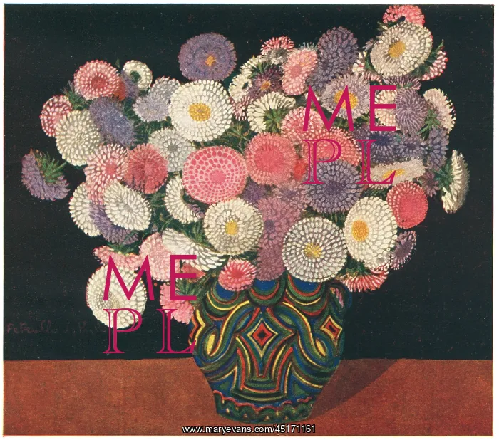 : Dahlias. A still life painting of a highly decorative patterned vase : Dahlias. A still life painting of a highly decorative patterned vase