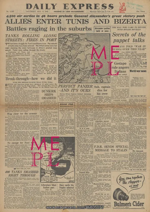 : Daily Express front page Allies capture Tunis & Bizerte : Daily Express front page Allies capture Tunis & Bizerte