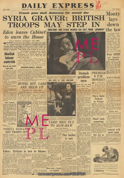 : Daily Express front page Arrest of Lord Haw Haw : Daily Express front page Arrest of Lord Haw Haw