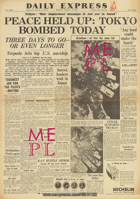 : Daily Express front page Atom bomb on Hiroshima : Daily Express front page Atom bomb on Hiroshima