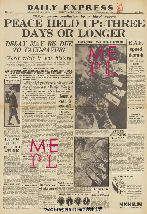 : Daily Express front page Atom bomb on Hiroshima : Daily Express front page Atom bomb on Hiroshima