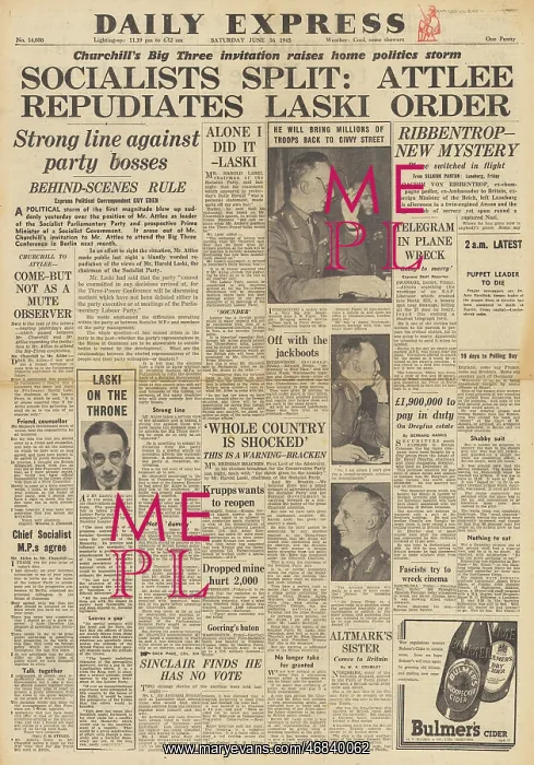 : Daily Express front page Attlee repudiates Laski : Daily Express front page Attlee repudiates Laski