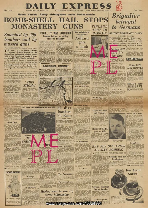 : Daily Express front page Bombing of Cassino monastery : Daily Express front page Bombing of Cassino monastery