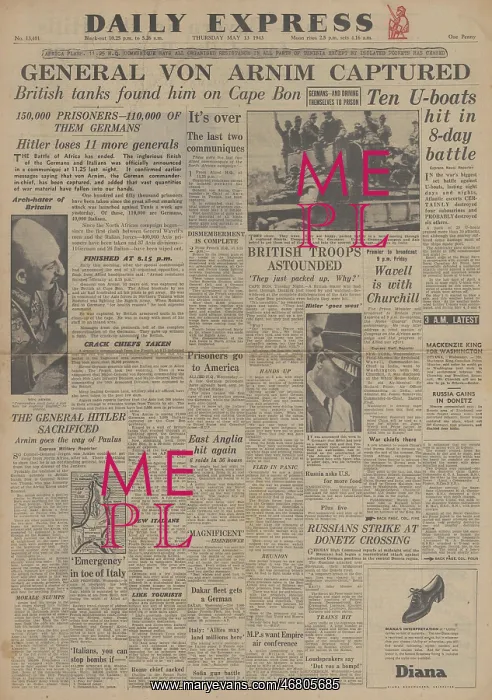 : Daily Express front page Capture of General von Arnim : Daily Express front page Capture of General von Arnim