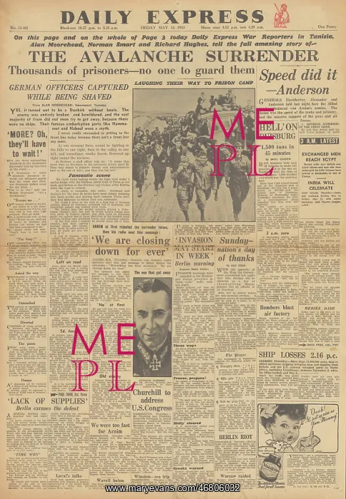 : Daily Express front page Capture of General von Arnim : Daily Express front page Capture of General von Arnim