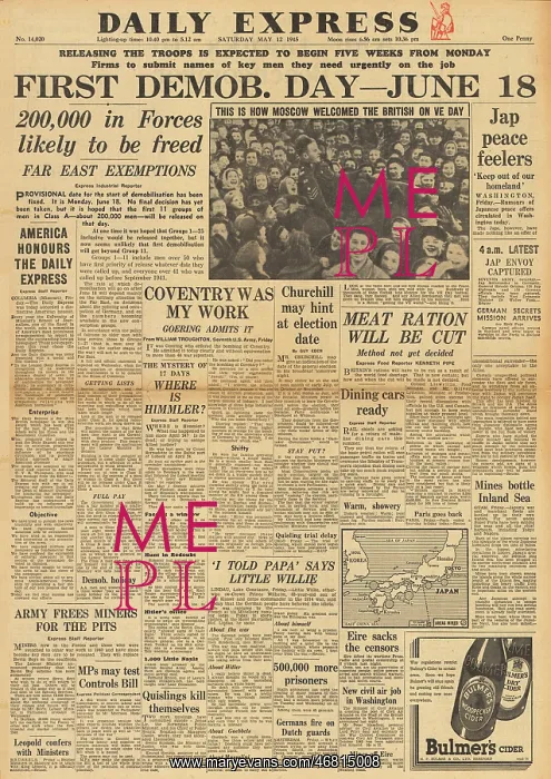 : Daily Express front page Demobilisation date announced : Daily Express front page Demobilisation date announced