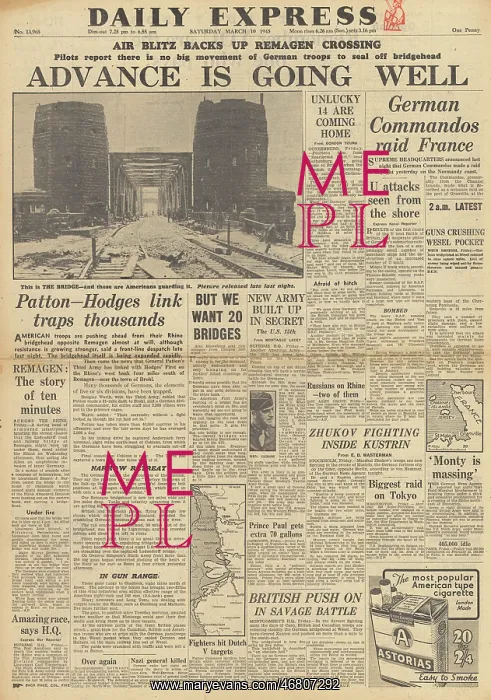 : Daily Express front page US forces cross Remagen bridge : Daily Express front page US forces cross Remagen bridge