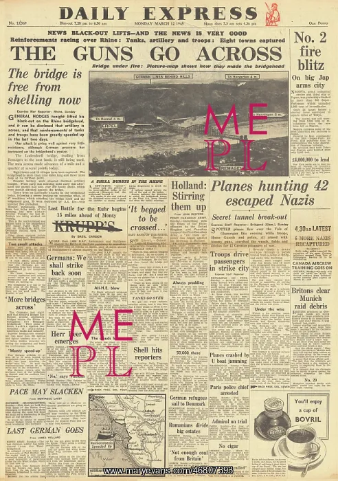 : Daily Express front page US forces cross Remagen bridge : Daily Express front page US forces cross Remagen bridge