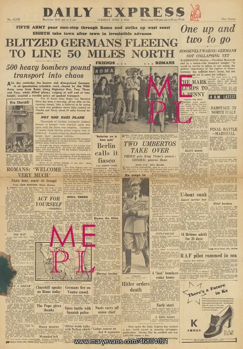 : Daily Express front page German forces retreat from Rome : Daily Express front page German forces retreat from Rome