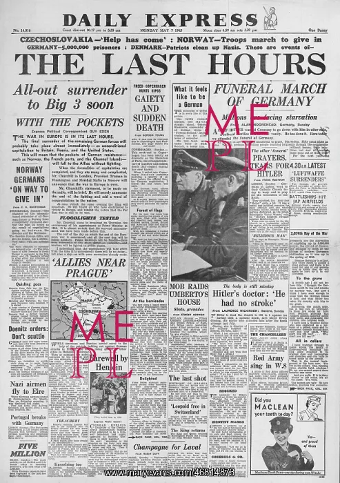 : Daily Express front page Last hours of war in Europe : Daily Express front page Last hours of war in Europe