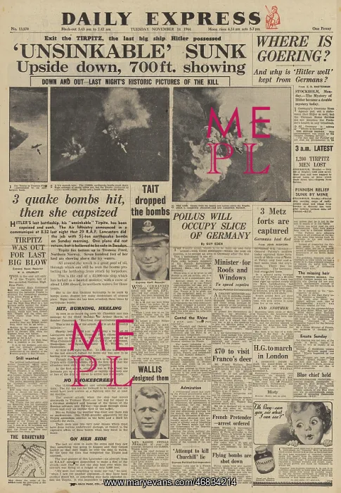 : Daily Express front page RAF sink the Tirpitz : Daily Express front page RAF sink the Tirpitz
