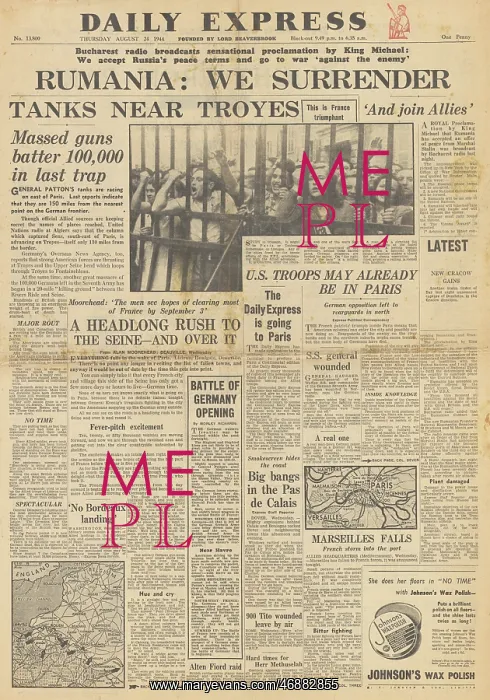 : Daily Express front page Romania surrender : Daily Express front page Romania surrender