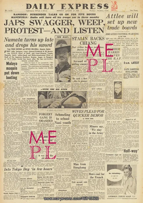 : Daily Express front page Surrender talks in Burma : Daily Express front page Surrender talks in Burma