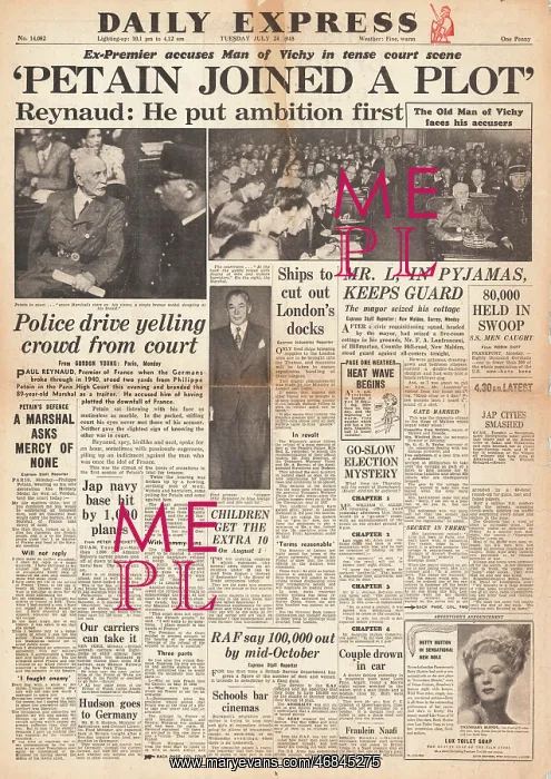 : Daily Express front page Trial of Marshal Petain : Daily Express front page Trial of Marshal Petain