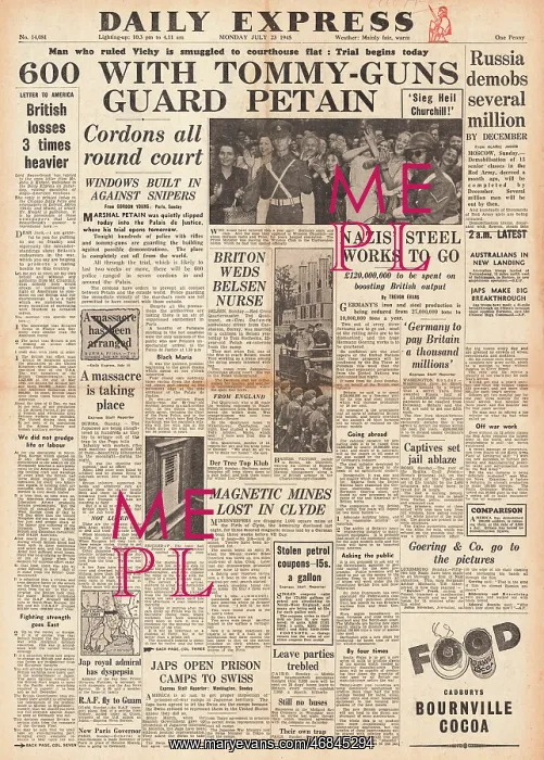 : Daily Express front page Trial of Marshal Petain : Daily Express front page Trial of Marshal Petain