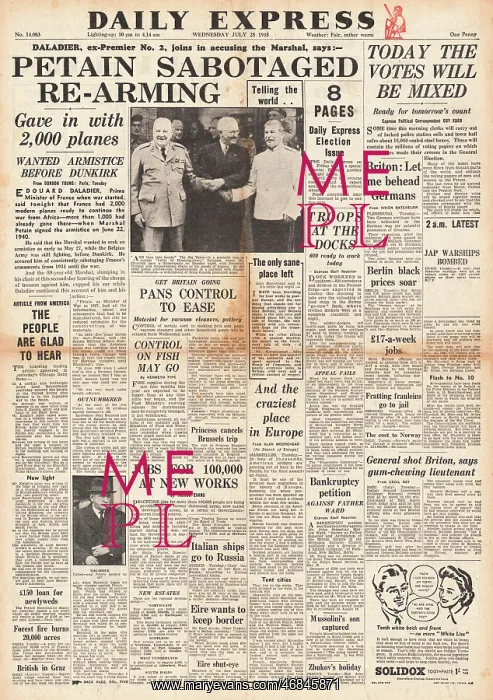 : Daily Express front page Trial of Marshal Petain : Daily Express front page Trial of Marshal Petain