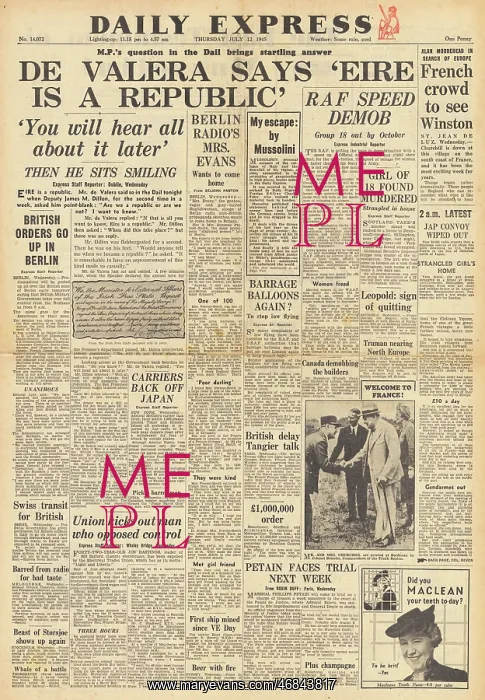 : Daily Express front page De Valera says Eire a republic : Daily Express front page De Valera says Eire a republic