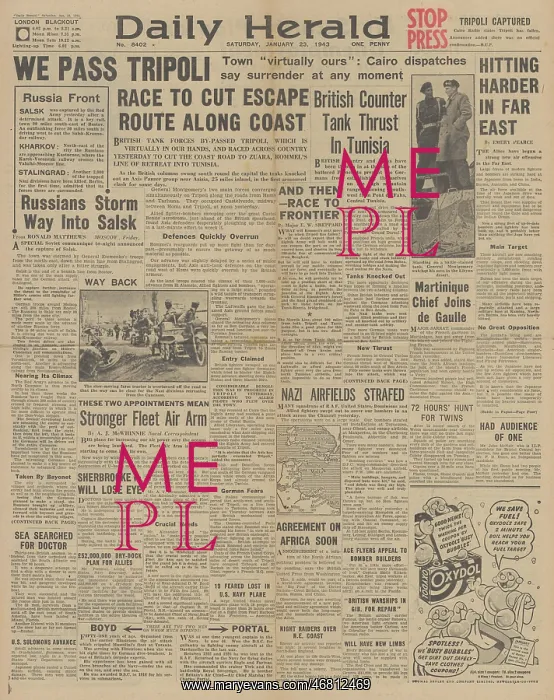 : Daily Herald front page Eighth Army capture Tripoli : Daily Herald front page Eighth Army capture Tripoli