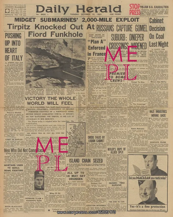 : Daily Herald front page Midget submarines attack Tirpitz : Daily Herald front page Midget submarines attack Tirpitz