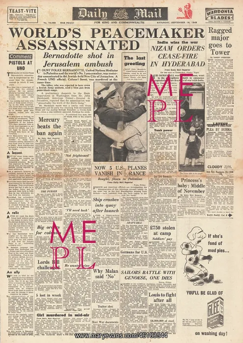 : Daily Mail newspaper - assassination of Count Bernadotte : Daily Mail newspaper - assassination of Count Bernadotte