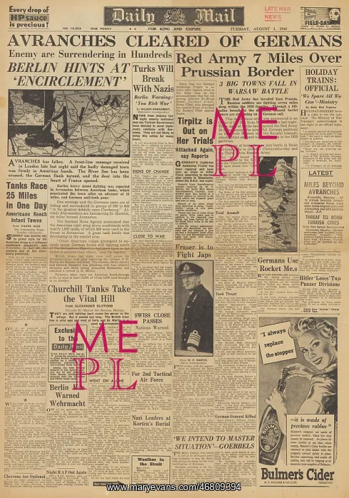 : Daily Mail front page Allies capture Avranches : Daily Mail front page Allies capture Avranches