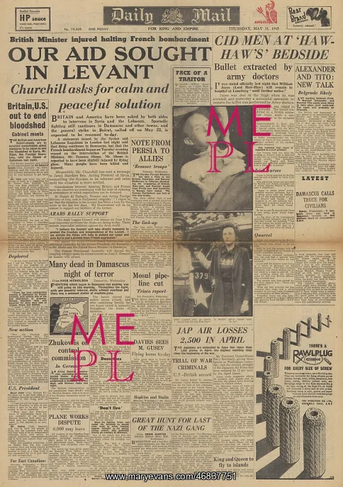 : Daily Mail front page Arrest of Lord Haw Haw : Daily Mail front page Arrest of Lord Haw Haw