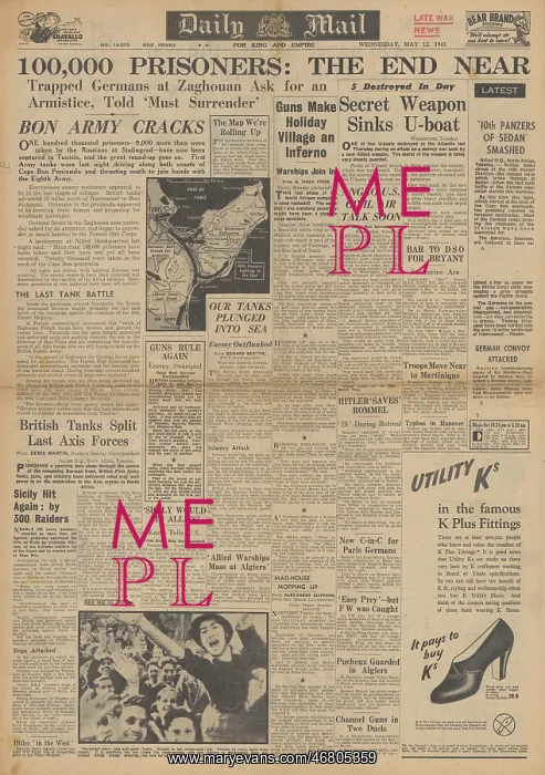 : Daily Mail front page Axis forces surrender in North Africa : Daily Mail front page Axis forces surrender in North Africa
