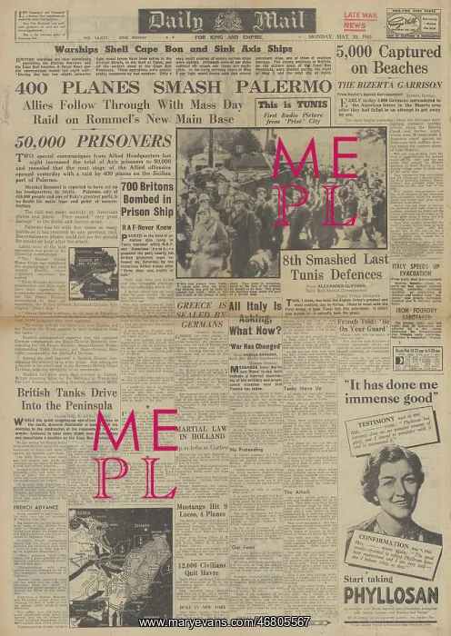: Daily Mail front page Axis forces surrender in North Africa : Daily Mail front page Axis forces surrender in North Africa