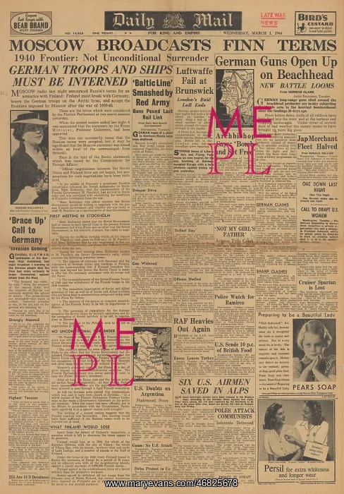 : Daily Mail front page Battle for Anzio : Daily Mail front page Battle for Anzio