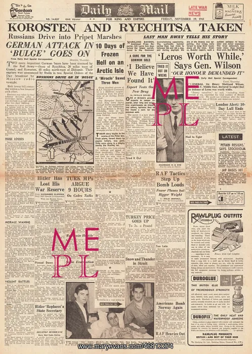 : Daily Mail front page Battle for Leros : Daily Mail front page Battle for Leros