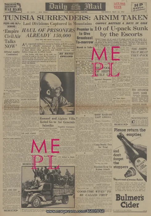 : Daily Mail front page Capture of General von Arnim : Daily Mail front page Capture of General von Arnim