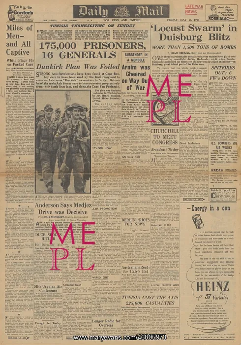 : Daily Mail front page Capture of General von Arnim : Daily Mail front page Capture of General von Arnim