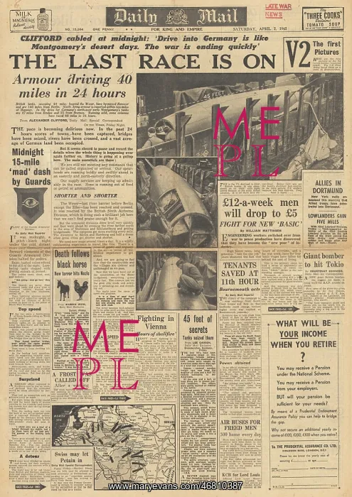 : Daily Mail front page Captured V2 rocket : Daily Mail front page Captured V2 rocket