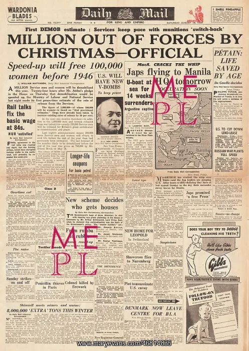 : Daily Mail front page Demobilisation programme : Daily Mail front page Demobilisation programme
