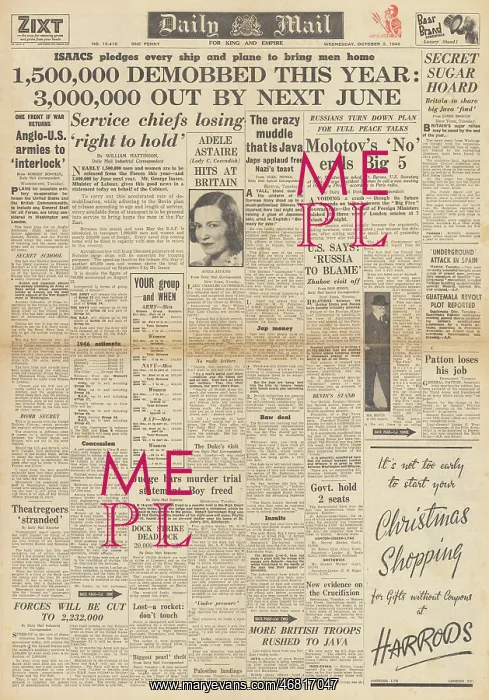 : Daily Mail front page Demobilisation programme : Daily Mail front page Demobilisation programme