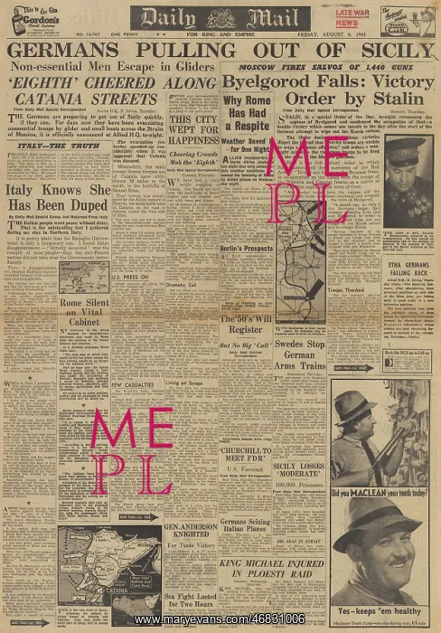 : Daily Mail front page Eighth Army capture Catania : Daily Mail front page Eighth Army capture Catania