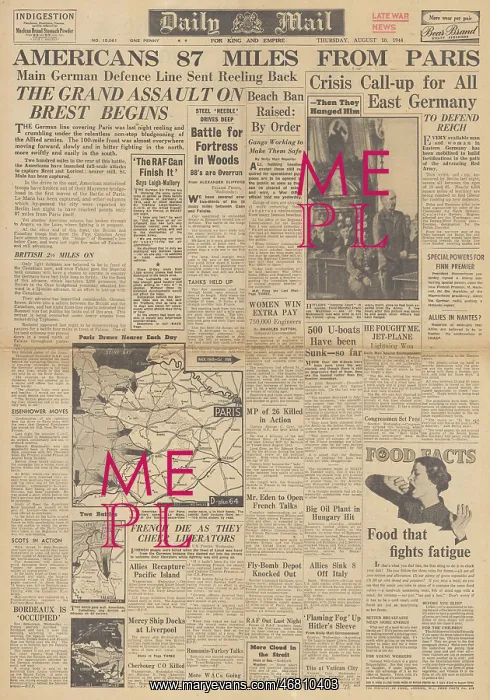 : Daily Mail front page US Forces advance on Paris : Daily Mail front page US Forces advance on Paris