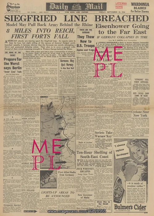 : Daily Mail front page US Forces breach Siegfried Line : Daily Mail front page US Forces breach Siegfried Line