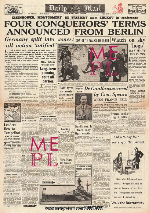 : Daily Mail front page Germany divided into four zones : Daily Mail front page Germany divided into four zones