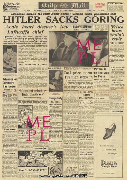 : Daily Mail front page Hermann Goering resigns : Daily Mail front page Hermann Goering resigns