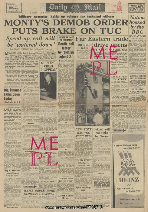 : Daily Mail front page Montgomery slows demobilisation : Daily Mail front page Montgomery slows demobilisation
