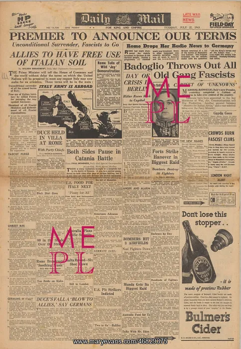 : Daily Mail front page Mussolini dismissed : Daily Mail front page Mussolini dismissed