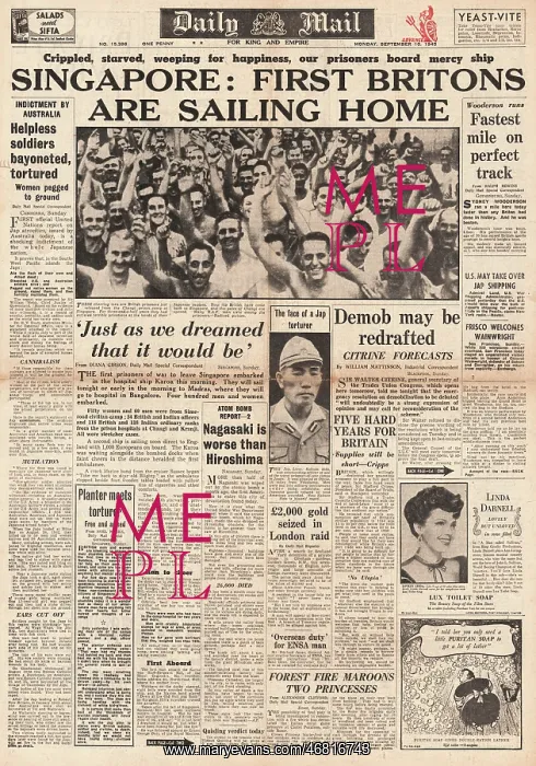 : Daily Mail front page POWs released in Singapore : Daily Mail front page POWs released in Singapore