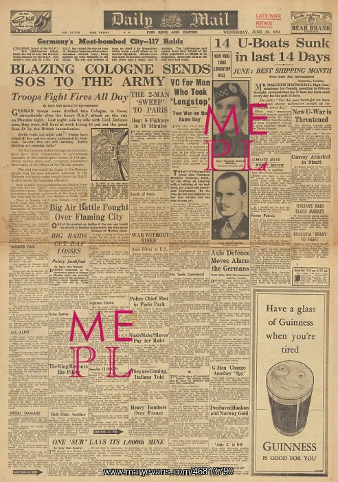 : Daily Mail front page RAF bomb Cologne : Daily Mail front page RAF bomb Cologne