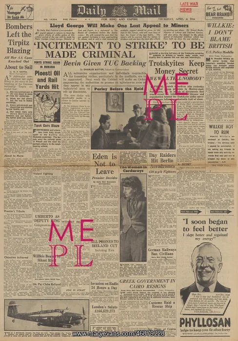 : Daily Mail front page RAF bomb the Tirpitz : Daily Mail front page RAF bomb the Tirpitz