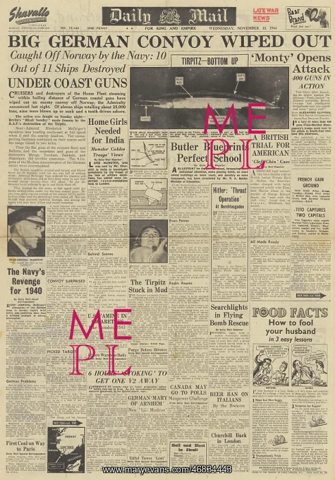 : Daily Mail front page Sinking of the Tirpitz : Daily Mail front page Sinking of the Tirpitz